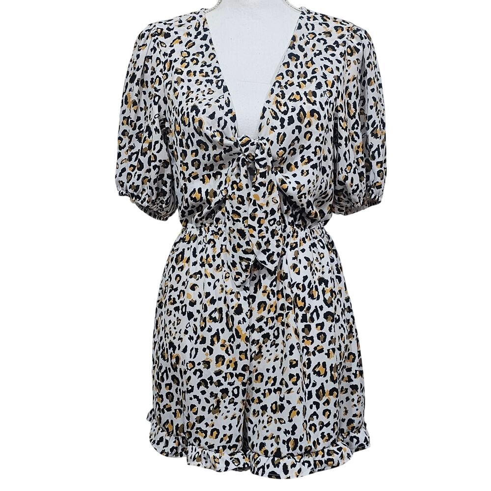 Urban Outfitters Leopard Print Tie Front Romper Puff Sleeve Boho Size M